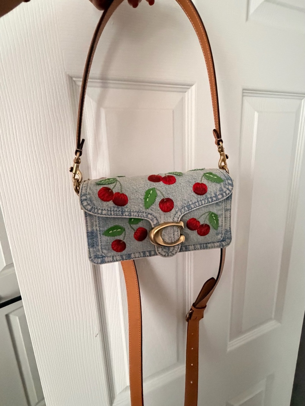 Coach Denim Cherry Embroidered Crossbody - Red, Green, Tan